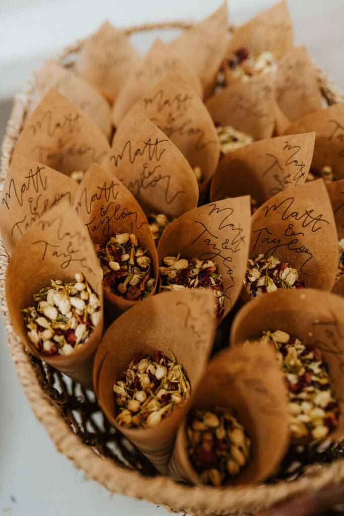paper cones of dried flower petals for throwing at ceremony exit