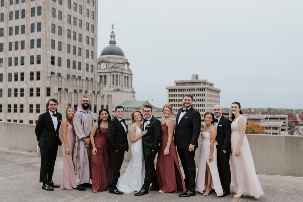 a wedding party on a rooftop in downtown Fort Wayne Indiana
