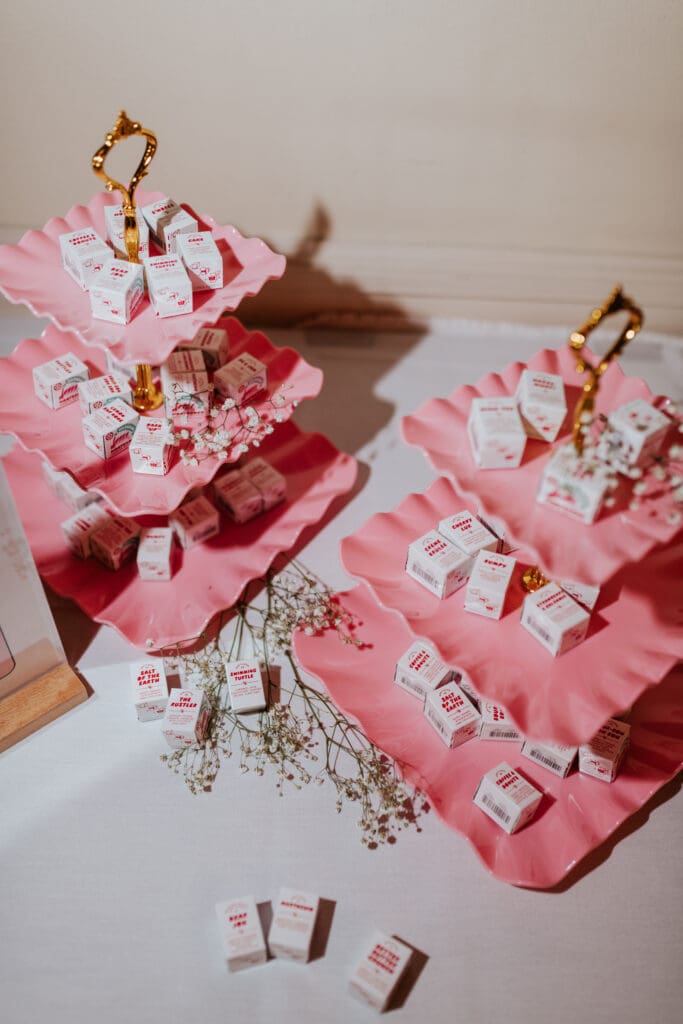 Bon Bon Bons on a funky pink platter served at a wedding reception in detroit