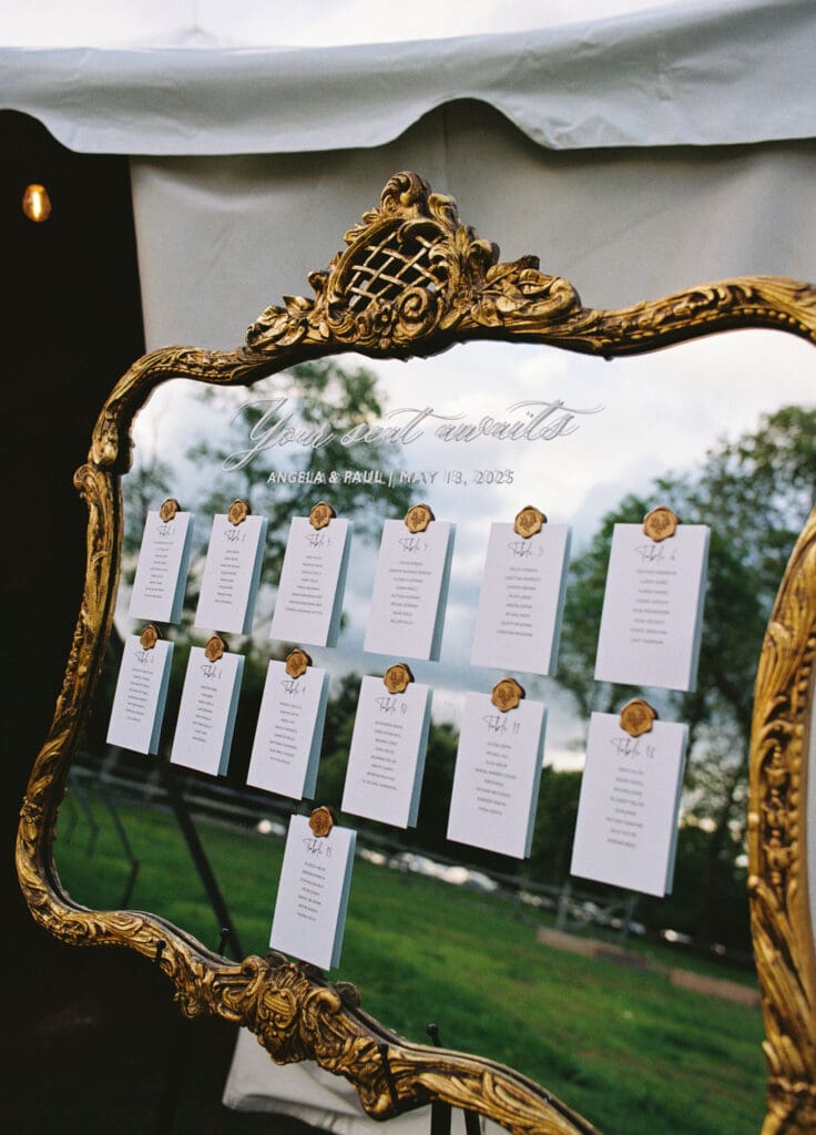 a medium format film photo of the seating chart at an outdoor wedding reception