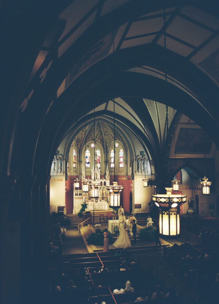 a film photo of a Boston Massachusetts catholic church