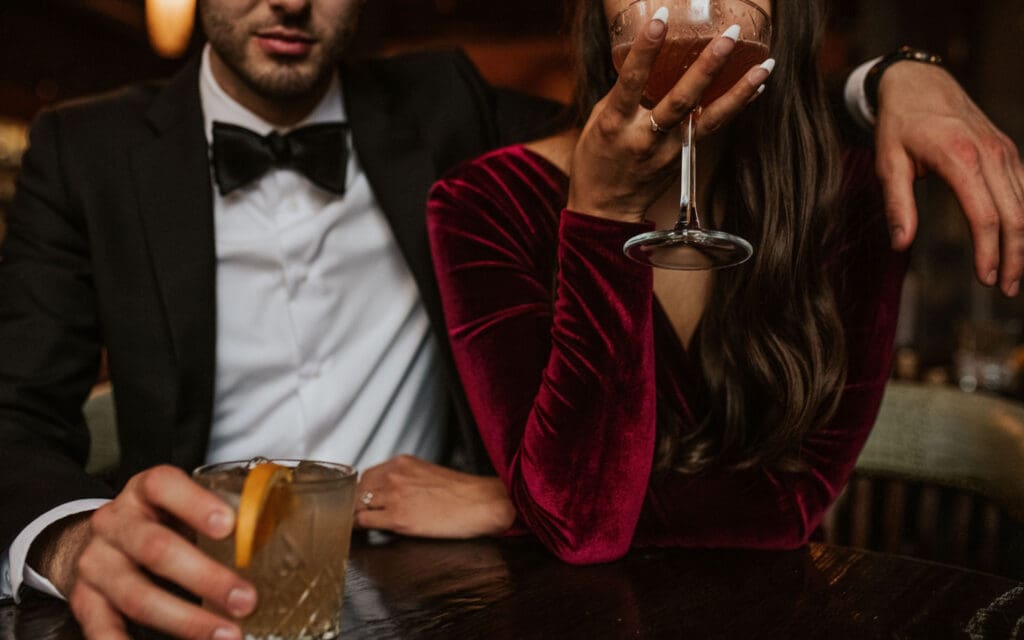 Kansas City Fall Engagement Shoot outfit in a Kansas City bar