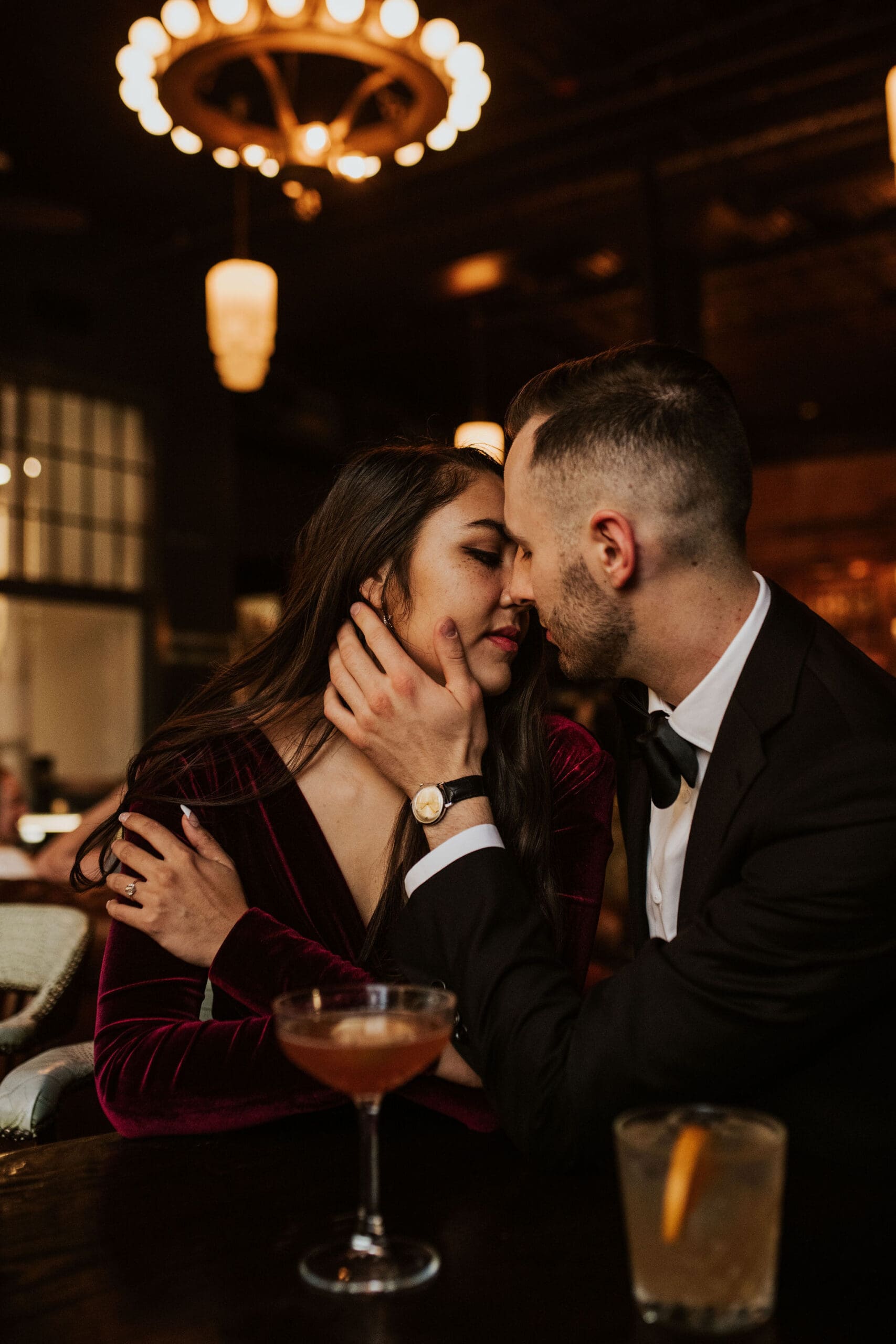 Kansas City Fall Engagement Shoot outfit in a Kansas City bar