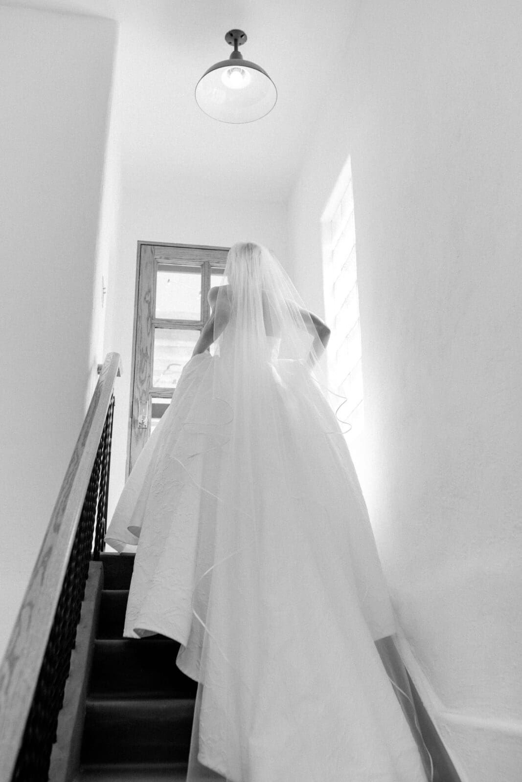 Creative bride getting ready photo on the staircase