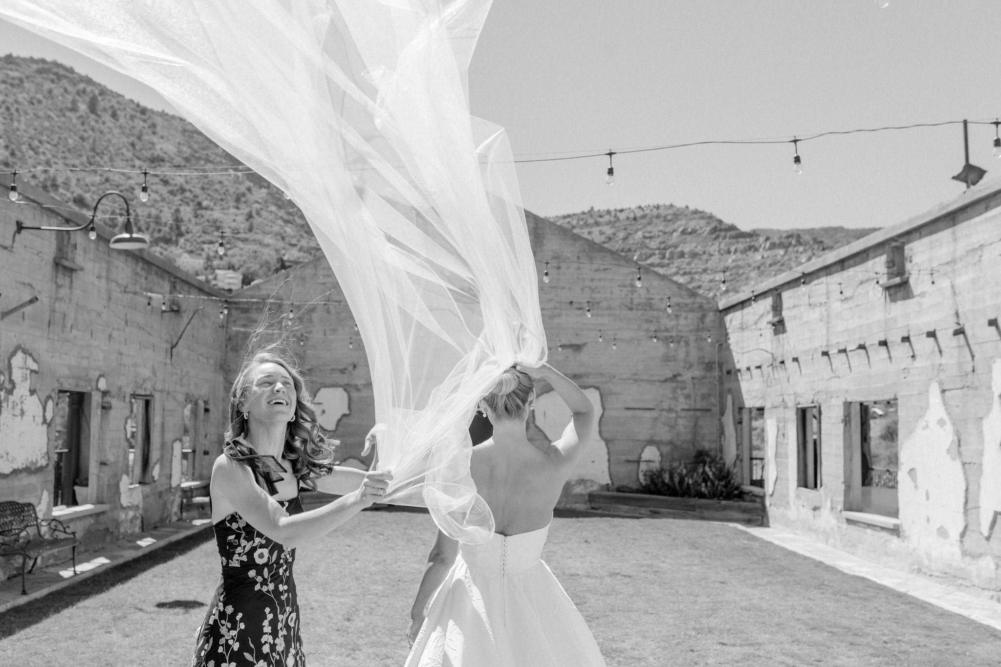 Bride veil flowing in the wind during Arizona mountain wedding portraits