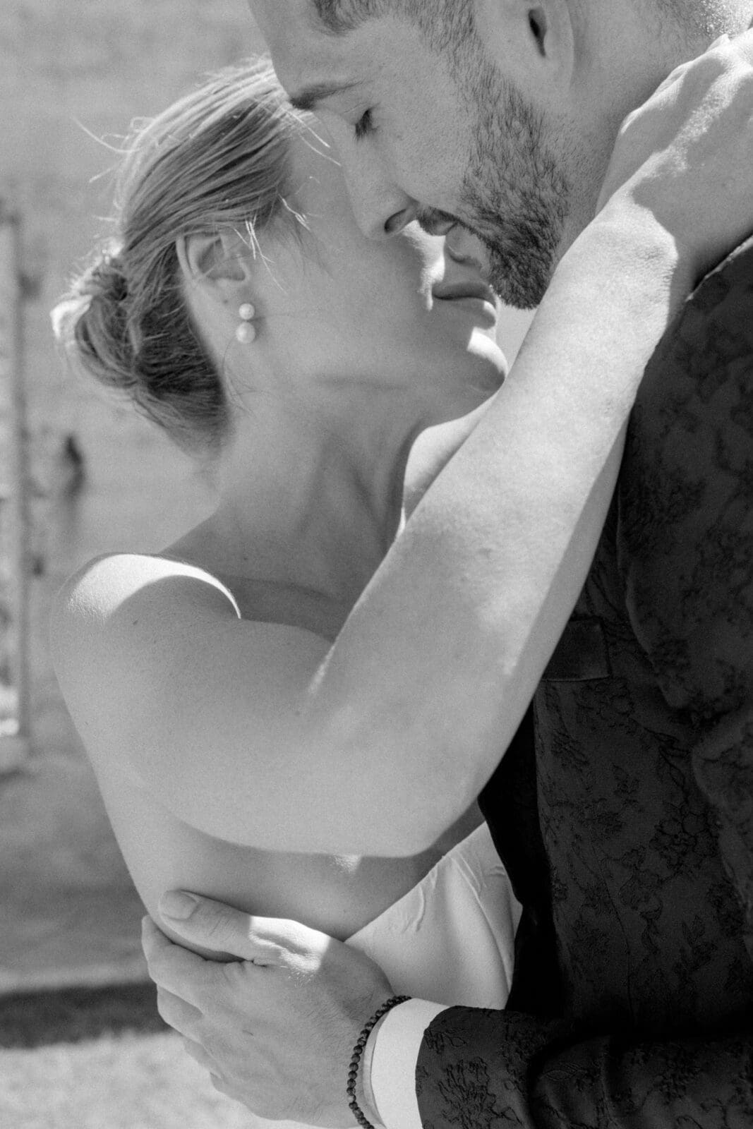 Close up black and white portrait of bride and groom sharing a quiet moment of their The little daisy Jerome wedding