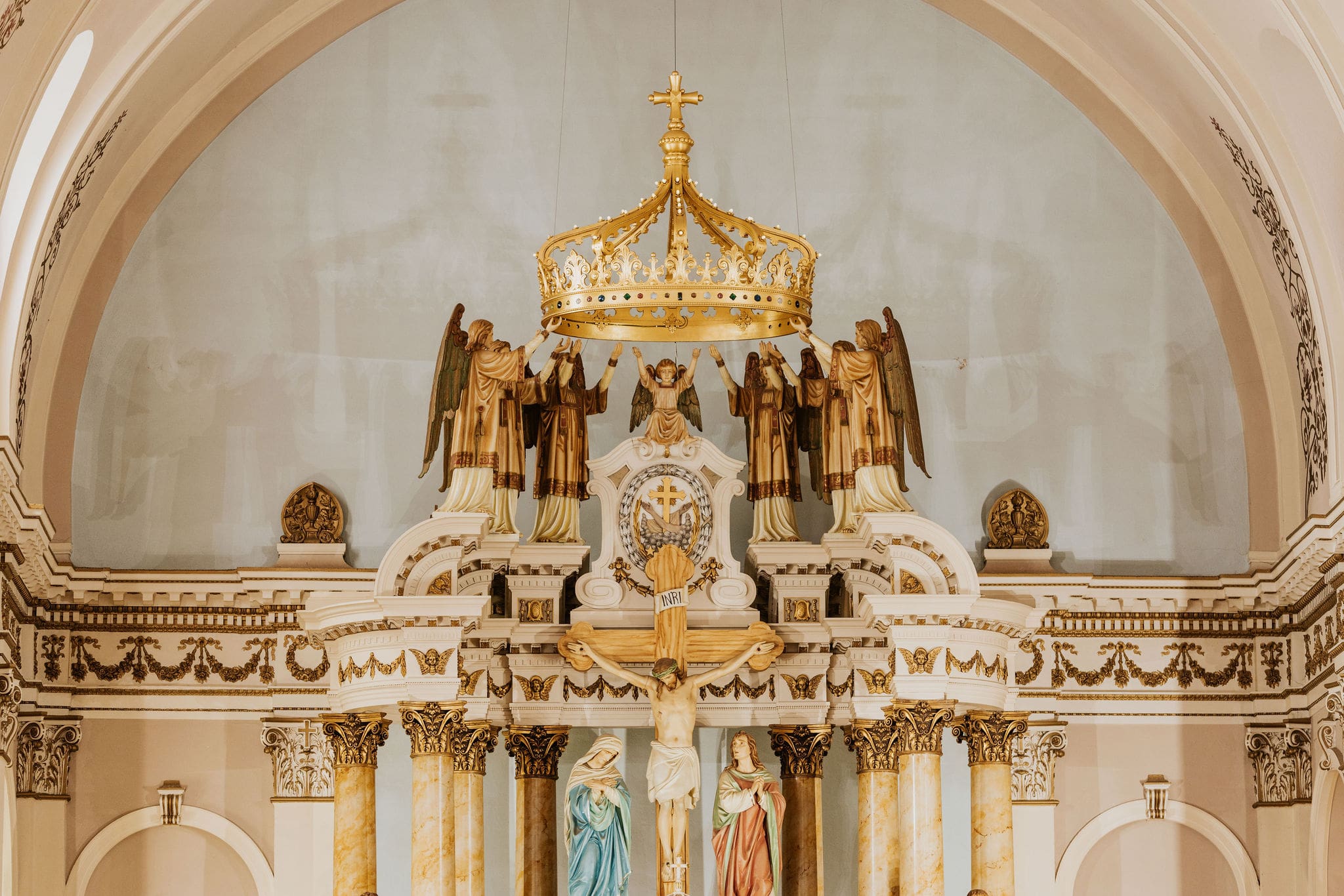 Our Lady of Sorrows altar with ornate crown detail for a catholic church wedding